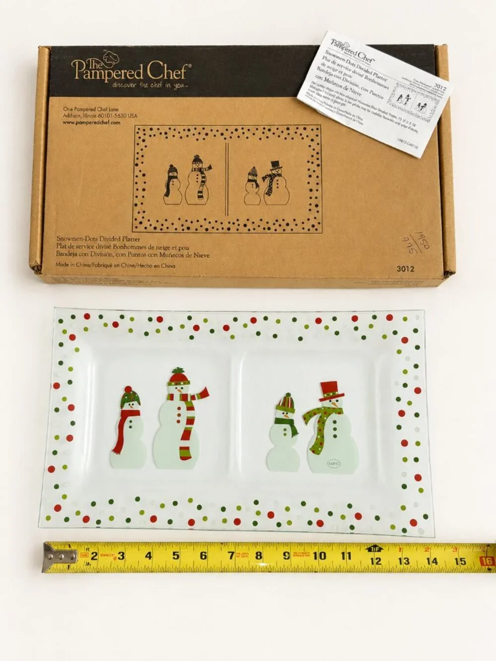 Pampered Chef Snowmen Dots Divided Glass Platter 3012 NIB Christmas retired